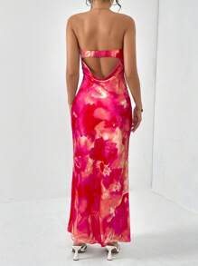 Firerie 女士优雅浪漫时尚橙色花卉印花露肩修身连衣裙，适合通勤、派对、度假、约会、婚礼、生日 - 彩色 - 查看 1