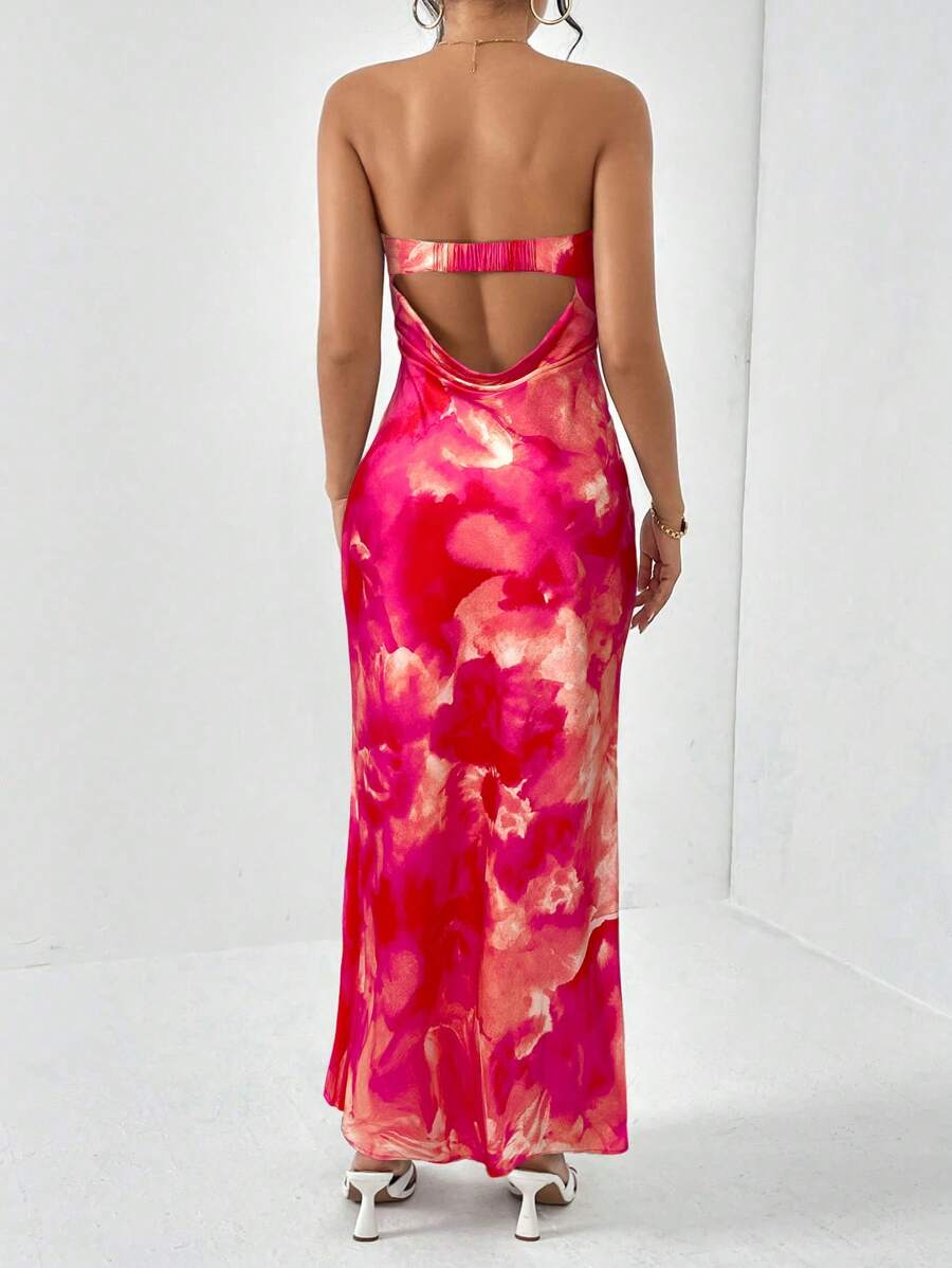 Firerie 女士优雅浪漫时尚橙色花卉印花露肩修身连衣裙，适合通勤、派对、度假、约会、婚礼、生日 - 彩色 - 查看 1