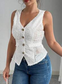 Elenzga Plus Size Women's Solid Color Cut-Out V-Neck Single-Breasted French Elegant Versatile Commute Camisole - White - View 6