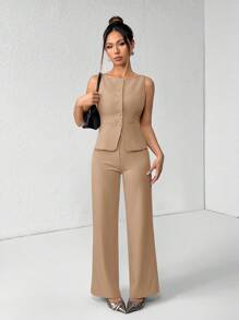 SHEIN PETITE Conjunto elegante de oficinista de unicolor con chaleco de cuello redondo de un solo botón y pantalones para mujer, traje de oficina de verano y otoño, ropa de mujer, conjunto de negocios casuales, dos piezas, conjuntos de blazer de mujer para otoño - Camel - Ver 3