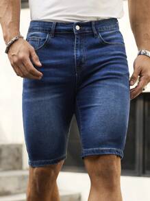 Manfinity Homme Pantaloni scurți din denim pentru bărbați, casual, spălați, cu buzunare oblice, croială slim, de vară - Spălare medie - Vizualizare 6