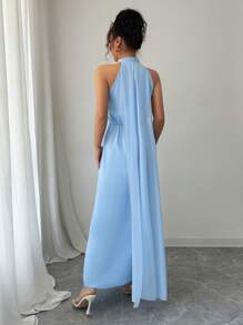 Rafferiza 女士浅蓝色露背优雅长款太阳裙，春夏 - 藍色 - 查看 2