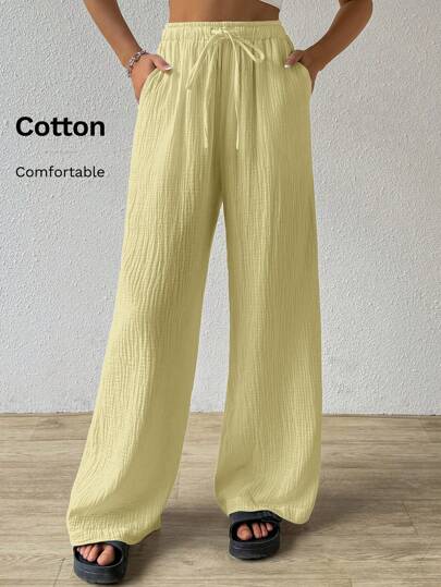 SHEIN EZwear 夏季纯色纹理褶皱面料宽松抽绳腰系带阔腿纯棉休闲度假裤，加大码