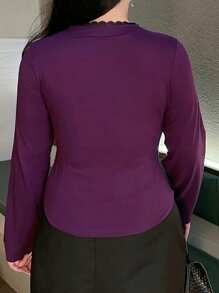 Dazy Plus Purple Wrap-Around V-Neck Long Sleeve Cropped T-Shirt - Purple - View 2