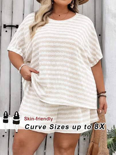 SHEIN CURVE+ Plus Size Women Summer Casual Striped Knit Loose 2 Pieces Set, T-Shirt And Shorts, Suitable For Summer, Travel, Vacation And Leisure Wear, Curve Plus, Boho Vacation Beach Outfits For Woman/Beach /Beach Vacation Outfits/Beach Essentials / Graduation/Tea Party 