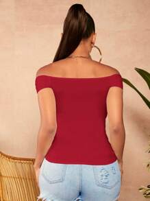 SHEIN SXY Plus Size Women's Twist Front Off Shoulder Black Tight Fit T-Shirt, Spring/Summer