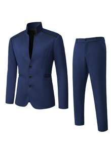 Calvornis 男士纯色长袖单排扣西装外套和裤子商务旅行西装套装 - 藏蓝色 - 查看 5