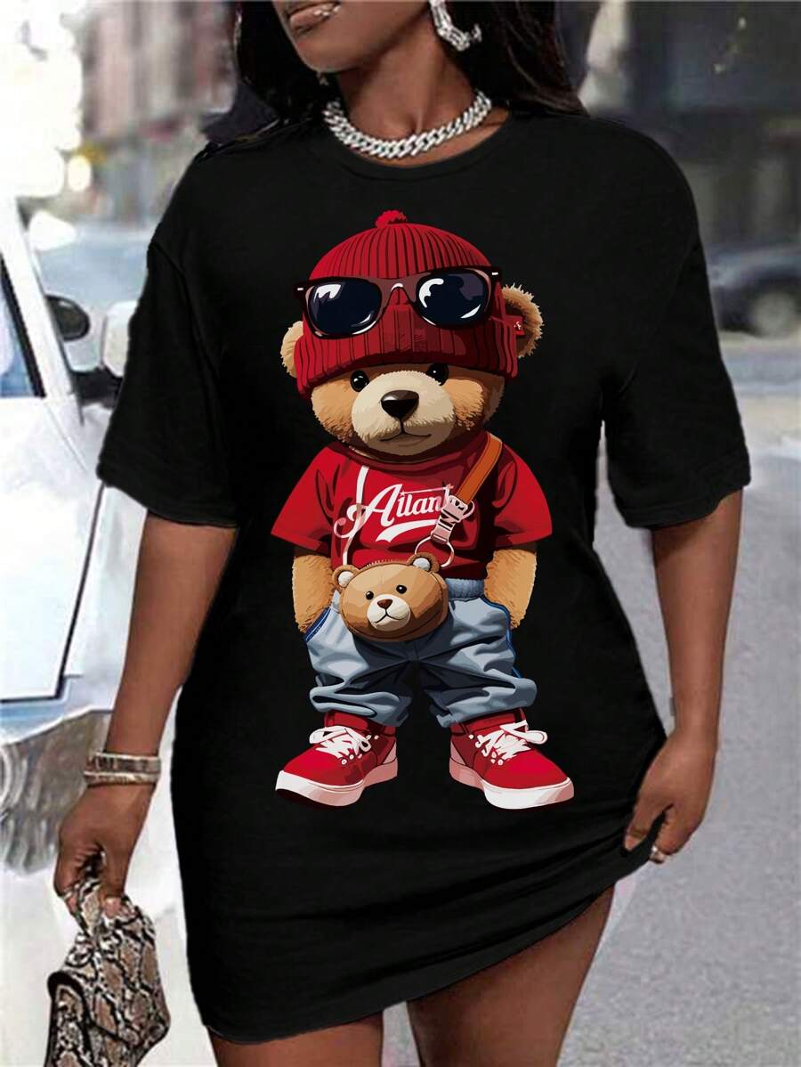 Slaydiva Casual Cute Cartoon Bear Pattern Loose Round Neck Short Sleeve Short Women's Dress, Suitable For Summer,Summer Dresses For Women