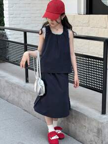 DAZY Tween Girl Solid Color Round Neck Tank Top With Pleats And Cargo Skirt Casual Set - Navy Blue - View 4