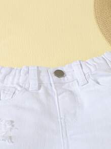 Baby Girl Distressed Denim Shorts, Versatile Style - White - View 3