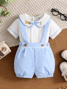 Souflis Souflis Bộ trang phục áo sơ mi ngắn tay màu trắng cổ bẻ phối màu đơn giản và quần short có dây đeo màu xanh nhạt cho trẻ sơ sinh và trẻ mới biết đi, phù hợp để mặc hàng ngày, tiệc tùng, đám cưới, quần chẽn, áo len cardigan, mùa hè, sinh nhật - Nhiều màu - Xem 3