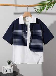 SHEIN Boys' Tween Casual Versatile Comfortable Striped Printed Collared Open Front Loose Woven Shirt, Suitable For Commuting, School, Daily Casual, Travel, Sports, Spring/Summer - Multicolor - View 7