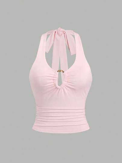 Sweetra Vintage Sexy Spaghetti Strap Top With Deep-V Metallic Buckle Decor