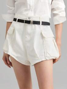 Ontre Women's White Denim Shorts Comes With A Belt Cargo Pocket Bubble Denim Shorts - White - View 3