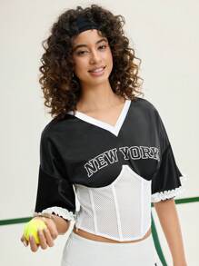 SHEIN MOD Maglietta sportiva con vita in contrasto bianco e nero, Maglietta estiva dolce, abbigliamento da donna in stile college, completo per ritorno a scuola e rave
