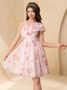 SHEIN Teen Girl Floral Print Ruffle Hem Mesh Elegant Dress/Party Gown - Pink - View 3