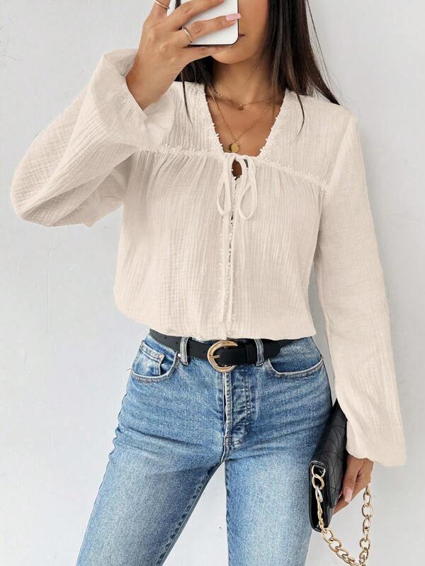 Calvaya Women's Casual Woven Fabric Blouse With V Neck, Long Sleeves, And Knot Detail