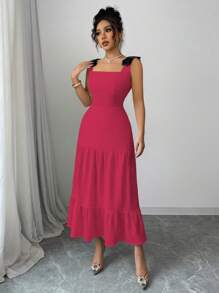 Elenzga Vestido de punto bordado con cinta de contraste en el hombro, estilo fiesta de vacaciones en la playa - Rosa Fucsia - Ver 4