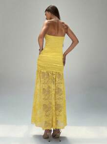 Aloruh Women's Elegant Yellow Strapless Semi-Sheer Lace Long Dress With Flounce Hem
