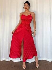 Elenzga Women's Elegant Summer Red Satin Party Dress, Vintage Ruffled Strap Backless Sleeveless A-Line High Cinched Waist Mid-Length Casual Dress - Red - View 3