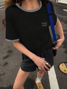 DAZY 女款拼色二合一字母印花圆领简约短袖T恤学院风上衣 - 黑色 - 查看 5