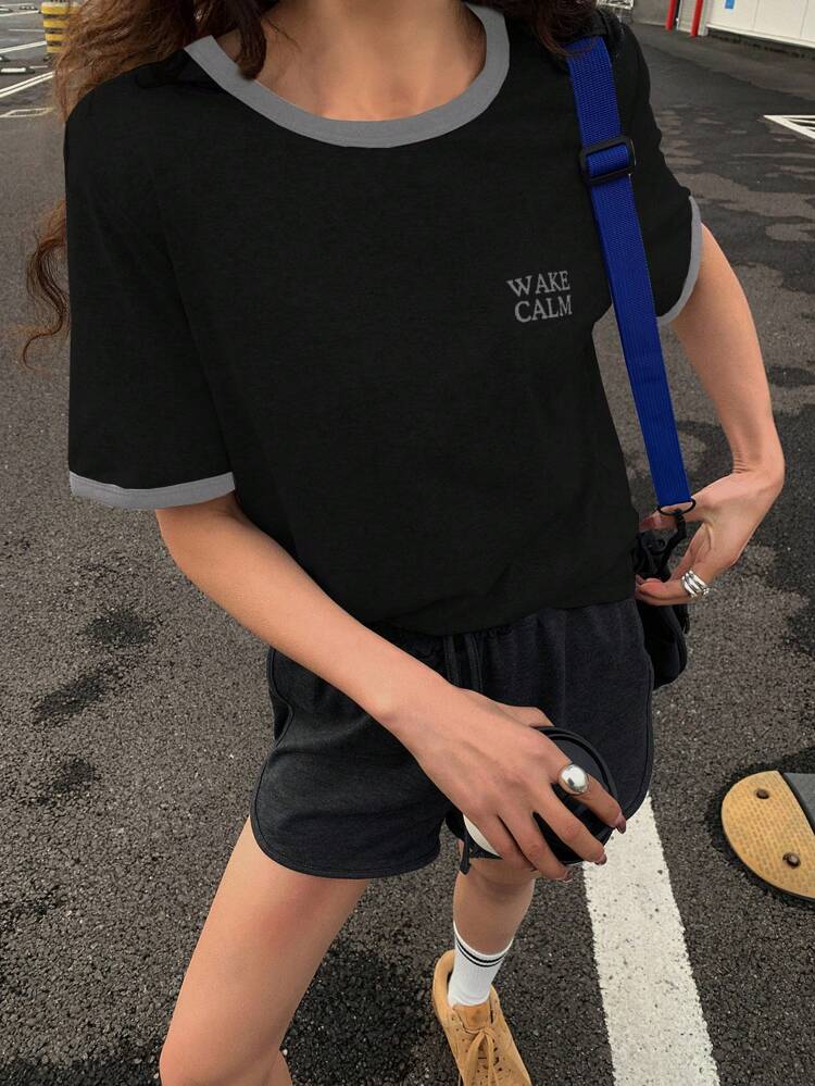 Colorblock 2 In 1 Letter Print Round Neck Minimalist Short Sleeve T-Shirt For Women Preppy Tops