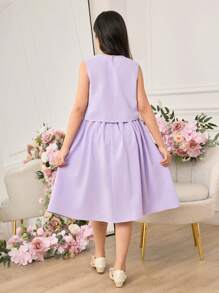 Conjunto de 2 piezas para niña preadolescente, compuesto por un chaleco sin mangas elegante con flores 3D moradas y una falda midi de cintura elástica, para el verano