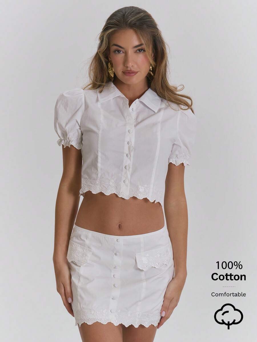 MUSERA Woven Fitted Cropped Button Up Collar Shirt Top Casual Vacation Summer Bridal Wedding Hen Do Bachlorette Spring - White - View 1