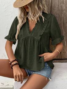 LanaWest Camisa de mujer con escote en V profundo, mangas abullonadas y tela con corte láser 3D