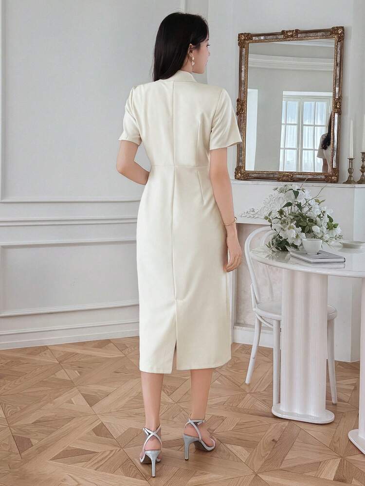 Solid Color Women's Midi Dress With Lapel Pocket And Slit