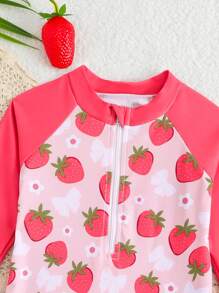 SHEIN Costume da bagno in tutina con protezione solare per bambine, con stampa di fragole e chiusura lampo, manica lunga - Multicolore - Visualizzare 4