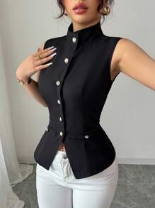 Selianne 复古风格纯色无袖马甲 - 立领前开襟设计，金色纽扣装饰，假口袋点缀，通勤休闲外套 - 黑色 - 查看 4