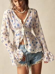 Bohemela Casual Woven V-Neck Bell Sleeve Printed Blouse For Women Boho - Multicolor - View 6