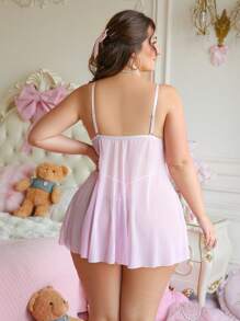 PetitDoll 2pcs Set Sexy Front-Open Lace & Mesh Flare Nighty With G-String (Wireless) - Pink - View 2