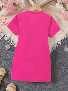 SHEIN 年轻女孩时尚可爱蝴蝶结心形印花短袖T恤连衣裙 - 玫紅色 - 查看 2