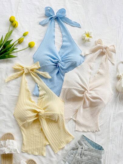 Soleia 3 piezas Camiseta ajustada con cuello en V, lazo, nudo retorcido y dobladillo asimétrico para mujeres, en colores amarillo, beige y azul claro, adecuada para vacaciones, citas, té de la tarde, vacaciones, festivales de música, estilo bohemio, verano, playa