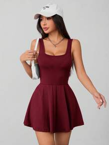 SHEIN PETITE Women's Burgundy Knitted Sleeveless Square Neck Backless Short Unitard Dress: Stretchy And Stylish
