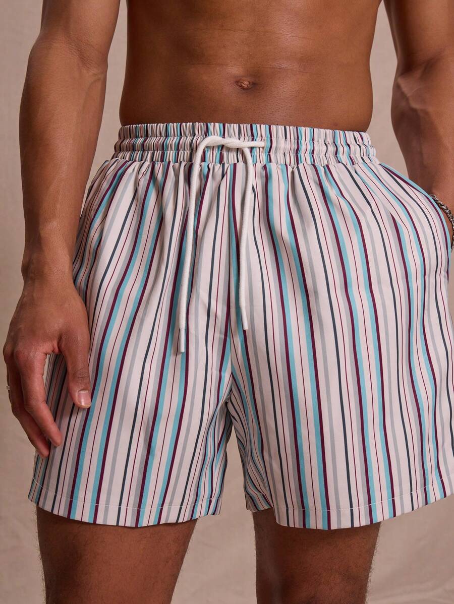 Musero Elasticated Striped Swim Shorts Summer Street Style Holiday Vacation Casual Swim Beach - Multicolor - View 1