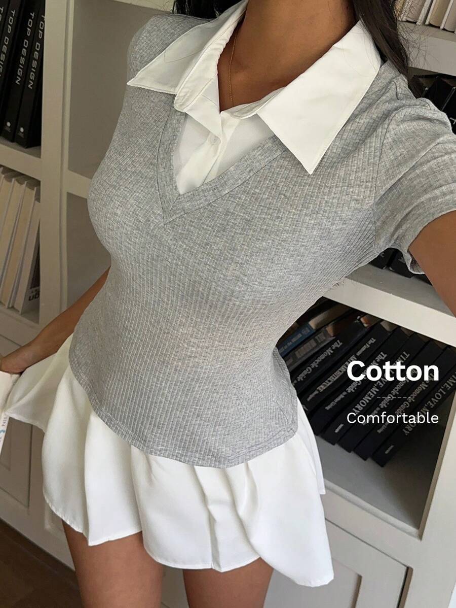 SHEIN EZwear Women's Color Block Ribbed Mini Dress, Casual Short Sleeve Summer - Grey - View 1