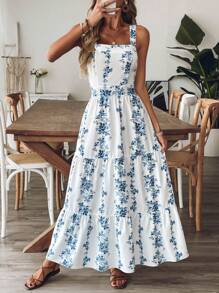 SHEIN Tall 女式蓝白花卉印花腰部设计休闲度假通勤细肩带连衣裙 - 藍白色 - 查看 7