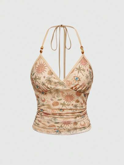 Hippie ملابس علوية شبكي بطراز شاطئ عطلة رجعي بنمط شجرة جوز الهند والشمس والقمر