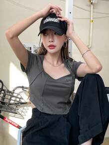 DAZY Letter Patched Curved Hem Tee Summer,Crop Tops Women Preppy Tops - Grey - View 8