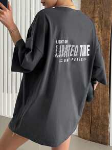 DAZY Letter Graphic Drop Shoulder Tee Summer Oversized T-Shirt Streetwear Preppy Tops - Grey - View 6