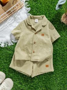 SHEIN 2 bucăți set de cămașă și pantaloni scurți cu talie elastică, cu guler, stil casual, drăguț și distractiv, potrivit pentru îmbrăcăminte de primăvară/vară, în interior și în aer liber - Verde - Vizualizare 5