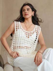 DAZY Solid Color Round Neck Sleeveless Sheer Hollow Out Pullover Sweater Vest - White - View 8