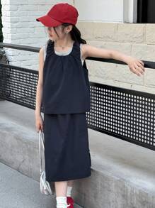 DAZY Tween Girl Solid Color Round Neck Tank Top With Pleats And Cargo Skirt Casual Set - Navy Blue - View 3