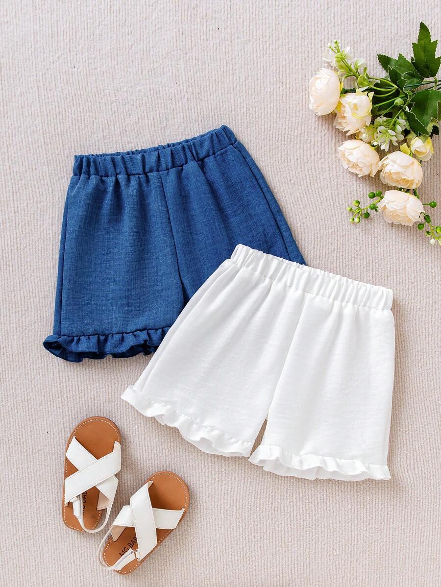 SHEIN 2 件年轻女孩休闲纯色短裤，夏季户外沙滩