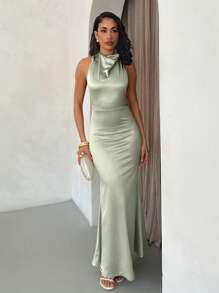 Glamine Elegant Halter Neck Backless Dress With Pearl Decor, Figure-Flattering, Suitable For Formal Occasions And Garden Parties - Mint Green - View 1