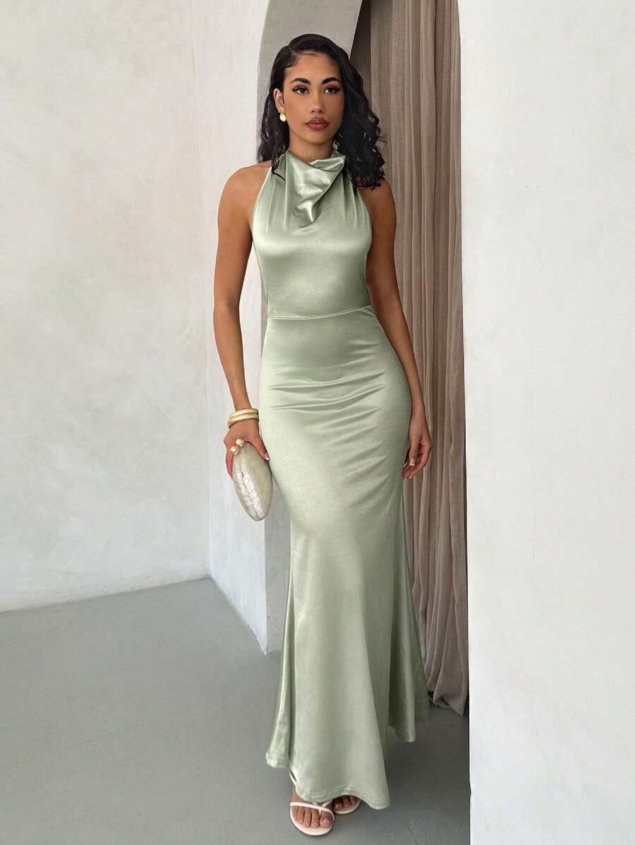 Glamine Elegant Halter Neck Backless Dress With Pearl Decor, Figure-Flattering, Suitable For Formal Occasions And Garden Parties - Mint Green - View 1
