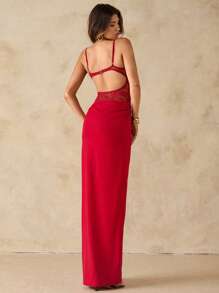 SHEIN BAE 女士性感露背蕾丝拼布褶饰纯色超长吊带裙，适合海滩度假、夏季、波西米亚风格、音乐会、婚礼嘉宾、伴娘